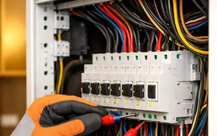 En elektriker med oransje og grå arbeidshansker som tester et sikringsskap med måleprober.